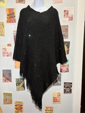 Black Rivet Black Knit Poncho with Fringe Edge